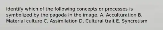 Identify which of the following concepts or processes is symbolized by the pagoda in the image. A. Acculturation B. Material culture C. Assimilation D. Cultural trait E. Syncretism