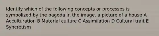 Identify which of the following concepts or processes is symbolized by the pagoda in the image. a picture of a house A Acculturation B Material culture C Assimilation D Cultural trait E Syncretism