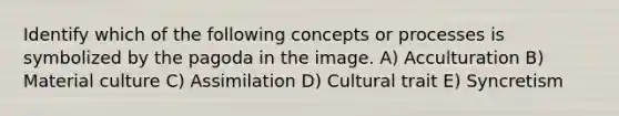 Identify which of the following concepts or processes is symbolized by the pagoda in the image. A) Acculturation B) Material culture C) Assimilation D) Cultural trait E) Syncretism