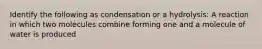 Identify the following as condensation or a hydrolysis: A reaction in which two molecules combine forming one and a molecule of water is produced