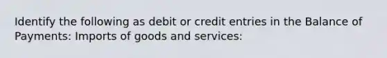 Identify the following as debit or credit entries in the Balance of​ Payments: Imports of goods and​ services: