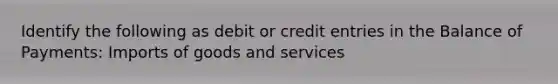 Identify the following as debit or credit entries in the Balance of​ Payments: Imports of goods and​ services