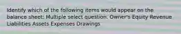 Identify which of the following items would appear on the balance sheet: Multiple select question. Owner's Equity Revenue Liabilities Assets Expenses Drawings