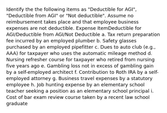 Identify the the following items as "Deductible for AGI", "Deductible from AGI" or "Not deductible". Assume no reimbursement takes place and that employee business expenses are not deductible. Expense ItemDeductible for AGI/Deductible from AGI/Not Deductible a. Tax return preparation fee incurred by an employed plumber b. Safety glasses purchased by an employed pipefitter c. Dues to auto club (e.g., AAA) for taxpayer who uses the automatic mileage method d. Nursing refresher course for taxpayer who retired from nursing five years ago e. Gambling loss not in excess of gambling gain by a self-employed architect f. Contribution to Roth IRA by a self-employed attorney g. Business travel expenses by a statutory employee h. Job hunting expense by an elementary school teacher seeking a position as an elementary school principal i. Cost of bar exam review course taken by a recent law school graduate