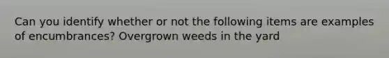 Can you identify whether or not the following items are examples of encumbrances? Overgrown weeds in the yard