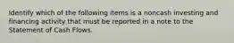 Identify which of the following items is a noncash investing and financing activity that must be reported in a note to the Statement of Cash Flows.