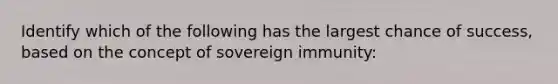 Identify which of the following has the largest chance of success, based on the concept of sovereign immunity: