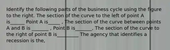 Identify the following parts of the business cycle using the figure to the right. The section of the curve to the left of point A is______ Point A is_____ , The section of the curve between points A and B is _______ , Point B is_______, The section of the curve to the right of point B is_________ The agency that identifies a recession is the,