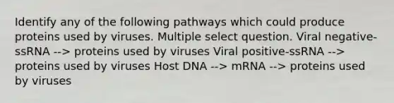 Identify any of the following pathways which could produce proteins used by viruses. Multiple select question. Viral negative-ssRNA --> proteins used by viruses Viral positive-ssRNA --> proteins used by viruses Host DNA --> mRNA --> proteins used by viruses