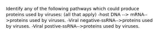 Identify any of the following pathways which could produce proteins used by viruses: (all that apply) -host DNA --> mRNA-->proteins used by viruses. -Viral negative-ssRNA-->proteins used by viruses. -Viral postive-ssRNA-->proteins used by viruses.