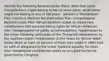 Identify the following Reconstruction Plans. Note that some characteristics might belong to two or more plans, while some might not belong to any of the plans. -Johnson's "Restoration" Plan -Lincoln's Wartime Reconstruction Plan -Congressional Reconstruction Plan *forced southern states to create new constitutions that ensured voting rights for African American men *desegregation of public accommodations *readmission to the Union following ratification of the Thirteenth Amendment by the southern states *readmission to the Union for former Rebel states when at least 10 percent of those who voted in 1860 took an oath of allegiance to the Union *political equality for black men *established Confederate states as occupied territories governed by Congress