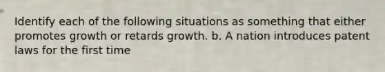 Identify each of the following situations as something that either promotes growth or retards growth. b. A nation introduces patent laws for the first time