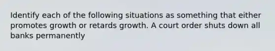 Identify each of the following situations as something that either promotes growth or retards growth. A court order shuts down all banks permanently