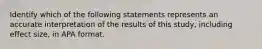 Identify which of the following statements represents an accurate interpretation of the results of this study, including effect size, in APA format.