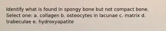 Identify what is found in spongy bone but not compact bone. Select one: a. collagen b. osteocytes in lacunae c. matrix d. trabeculae e. hydroxyapatite