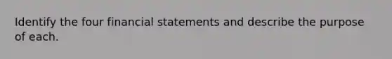 Identify the four financial statements and describe the purpose of each.