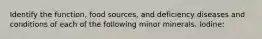 Identify the function, food sources, and deficiency diseases and conditions of each of the following minor minerals. Iodine: