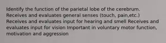 Identify the function of the parietal lobe of the cerebrum. Receives and evaluates general senses (touch, pain,etc.) Receives and evaluates input for hearing and smell Receives and evaluates input for vision Important in voluntary motor function, motivation and aggression