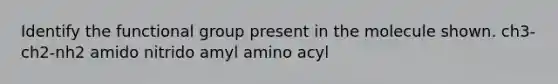 Identify the functional group present in the molecule shown. ch3-ch2-nh2 amido nitrido amyl amino acyl