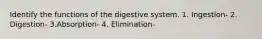 Identify the functions of the digestive system. 1. Ingestion- 2. Digestion- 3.Absorption- 4. Elimination-