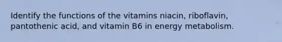 Identify the functions of the vitamins niacin, riboflavin, pantothenic acid, and vitamin B6 in energy metabolism.