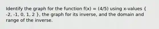 Identify the graph for the function f(x) = (4/5) using x-values ( -2, -1, 0, 1, 2 ), the graph for its inverse, and the domain and range of the inverse.