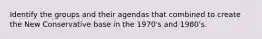 Identify the groups and their agendas that combined to create the New Conservative base in the 1970's and 1980's.