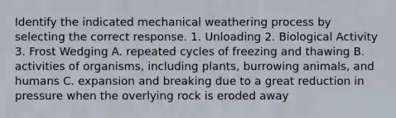 Identify the indicated mechanical weathering process by selecting the correct response. 1. Unloading 2. Biological Activity 3. Frost Wedging A. repeated cycles of freezing and thawing B. activities of organisms, including plants, burrowing animals, and humans C. expansion and breaking due to a great reduction in pressure when the overlying rock is eroded away