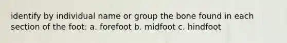 identify by individual name or group the bone found in each section of the foot: a. forefoot b. midfoot c. hindfoot