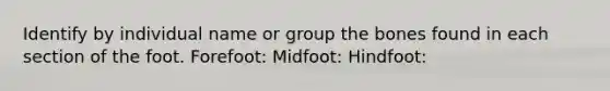 Identify by individual name or group the bones found in each section of the foot. Forefoot: Midfoot: Hindfoot: