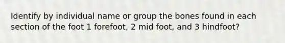 Identify by individual name or group the bones found in each section of the foot 1 forefoot, 2 mid foot, and 3 hindfoot?