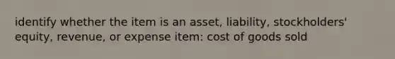 identify whether the item is an asset, liability, stockholders' equity, revenue, or expense item: cost of goods sold