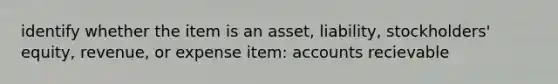 identify whether the item is an asset, liability, stockholders' equity, revenue, or expense item: accounts recievable