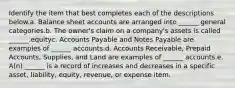 Identify the item that best completes each of the descriptions below.a. Balance sheet accounts are arranged into ______ general categories.b. The owner's claim on a company's assets is called ______.equityc. Accounts Payable and Notes Payable are examples of ______ accounts.d. Accounts Receivable, Prepaid Accounts, Supplies, and Land are examples of ______ accounts.e. A(n) ______ is a record of increases and decreases in a specific asset, liability, equity, revenue, or expense item.