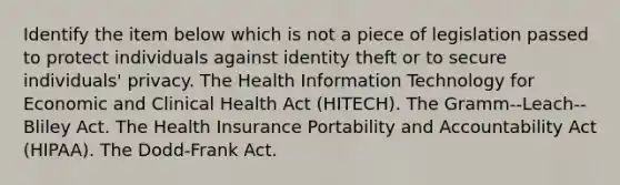 Identify the item below which is not a piece of legislation passed to protect individuals against identity theft or to secure individuals' privacy. The Health Information Technology for Economic and Clinical Health Act (HITECH). The Gramm--Leach--Bliley Act. The Health Insurance Portability and Accountability Act (HIPAA). The Dodd-Frank Act.