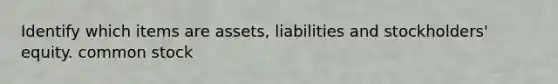 Identify which items are assets, liabilities and stockholders' equity. common stock