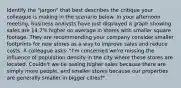 Identify the "jargon" that best describes the critique your colleague is making in the scenario below. In your afternoon meeting, business analysts have just displayed a graph showing sales are 14.7% higher on average in stores with smaller square footage. They are recommending your company consider smaller footprints for new stores as a way to improve sales and reduce costs. A colleague asks: "I'm concerned we're missing the influence of population density in the city where these stores are located. Couldn't we be seeing higher sales because there are simply more people, and smaller stores because our properties are generally smaller in bigger cities?"