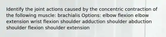 Identify the joint actions caused by the concentric contraction of the following muscle: brachialis Options: elbow flexion elbow extension wrist flexion shoulder adduction shoulder abduction shoulder flexion shoulder extension