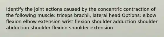 Identify the joint actions caused by the concentric contraction of the following muscle: triceps brachii, lateral head Options: elbow flexion elbow extension wrist flexion shoulder adduction shoulder abduction shoulder flexion shoulder extension