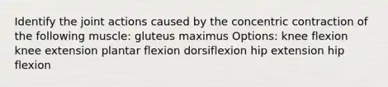 Identify the joint actions caused by the concentric contraction of the following muscle: gluteus maximus Options: knee flexion knee extension plantar flexion dorsiflexion hip extension hip flexion