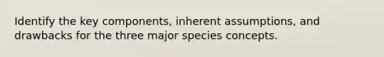 Identify the key components, inherent assumptions, and drawbacks for the three major species concepts.