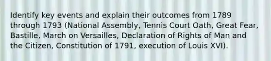 Identify key events and explain their outcomes from 1789 through 1793 (National Assembly, Tennis Court Oath, Great Fear, Bastille, March on Versailles, Declaration of Rights of Man and the Citizen, Constitution of 1791, execution of Louis XVI).