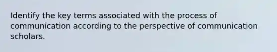 Identify the key terms associated with the process of communication according to the perspective of communication scholars.