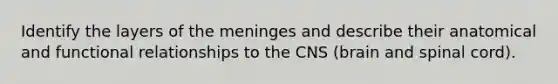 Identify the layers of the meninges and describe their anatomical and functional relationships to the CNS (brain and spinal cord).