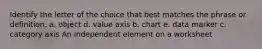 Identify the letter of the choice that best matches the phrase or definition. a. object d. value axis b. chart e. data marker c. category axis An independent element on a worksheet