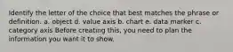 Identify the letter of the choice that best matches the phrase or definition. a. object d. value axis b. chart e. data marker c. category axis Before creating this, you need to plan the information you want it to show.