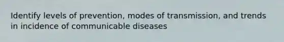 Identify levels of prevention, modes of transmission, and trends in incidence of communicable diseases