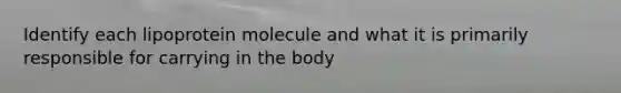 Identify each lipoprotein molecule and what it is primarily responsible for carrying in the body