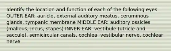 Identify the location and function of each of the following eyes OUTER EAR: auricle, external auditory meatus, ceruminous glands, tympanic membrane MIDDLE EAR: auditory ossicles (malleus, incus, stapes) INNER EAR: vestibule (utricle and saccule), semicircular canals, cochlea, vestibular nerve, cochlear nerve