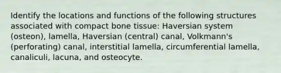 Identify the locations and functions of the following structures associated with compact bone tissue: Haversian system (osteon), lamella, Haversian (central) canal, Volkmann's (perforating) canal, interstitial lamella, circumferential lamella, canaliculi, lacuna, and osteocyte.